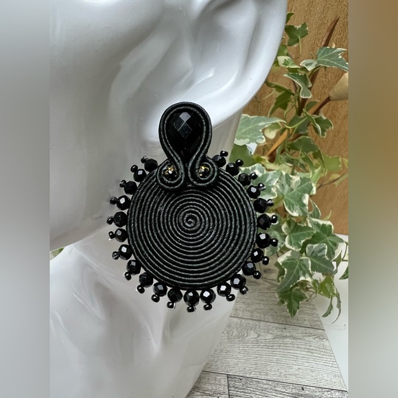 Black Elegant Round Dangle Earrings - Evening Glam Soutache Earrings - Picture 1 of 8